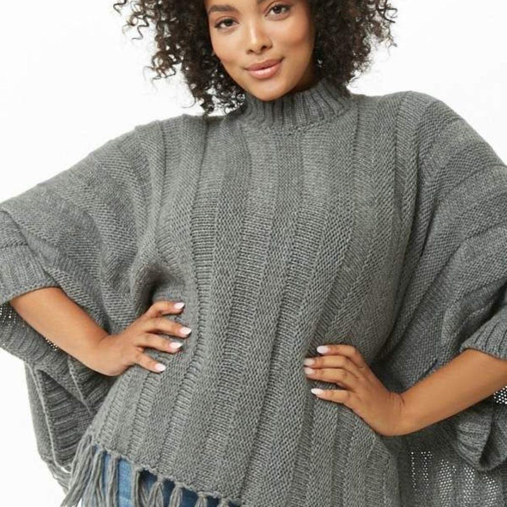Forever 21 Chunky Gray Fringe Poncho Sweater Mock Turtleneck